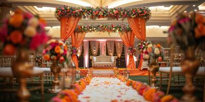 ai gerado Casamento configuração com laranja e Rosa flores foto