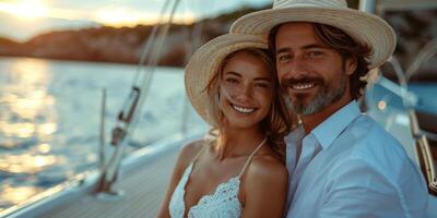ai gerado homem e mulher em barco levando selfie foto