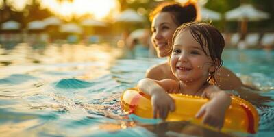 ai gerado mulher e criança dentro uma piscina com inflável flutuador foto