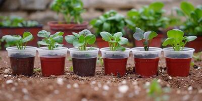 ai gerado linha do plástico copos preenchidas com plantas foto