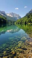 ai gerado majestoso lago cercado de montanhas e árvores foto