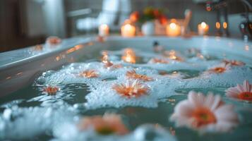 quente banheira com flutuando flores foto