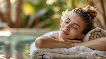 mulher relaxante em toalha de piscina foto