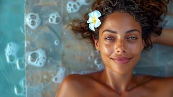 mulher relaxante em toalha de piscina foto