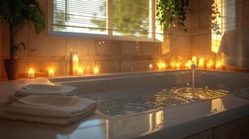 banho banheira preenchidas com velas de janela foto
