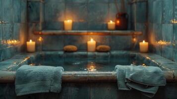 banheira preenchidas com velas Próximo para janela foto