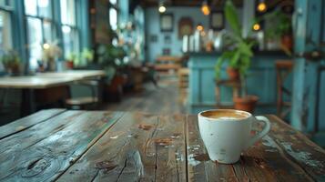 uma xícara de café na mesa de madeira foto