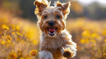 cachorro corrida através campo do alta Relva foto