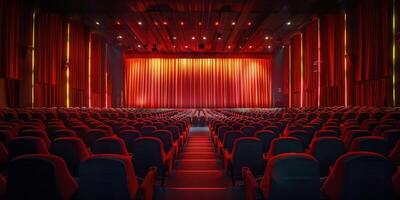 esvaziar teatro com vermelho cortinas e assentos foto