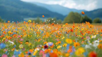 campo do flores com montanhas dentro fundo foto