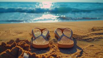 sandálias em repouso em arenoso de praia foto