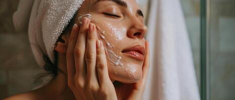 ai gerado mulher com uma toalha embrulhado por aí dela cabeça aplicando facial creme, cercado de vegetação foto