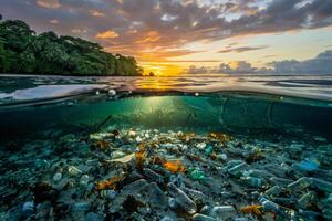 ai gerado Dividido Visão do a oceano com plástico garrafa poluição acima e abaixo água, mostrando de Meio Ambiente impacto às pôr do sol. foto