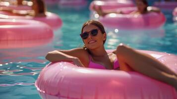 grupo do pessoas flutuando em infláveis dentro uma piscina foto