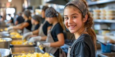 ai gerado uma jovem menina com uma brilhante sorrir voluntários às uma escola cantina, servindo saudável Comida opções para dela pares foto