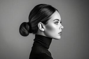 ai gerado mulher com uma lustroso pão Penteado vestindo uma Preto gola alta, perfil Visão dentro uma Preto e branco artístico retrato foto