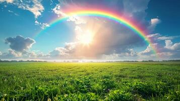 arco Iris sobre exuberante verde campo foto