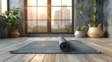 ioga esteira em de madeira chão dentro frente do janela foto