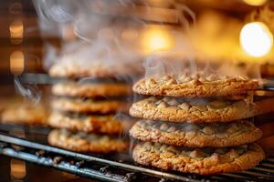 ai gerado uma delicioso pilha do dourado Castanho biscoitos resfriamento em uma prateleira, com a caloroso brilho do a forno luz dentro a fundo foto