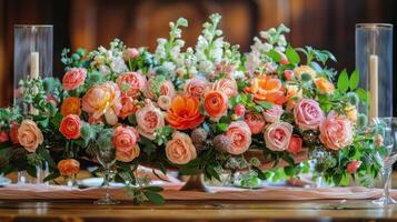 ai gerado mesa adornado com flores e velas foto