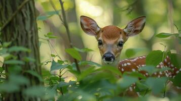 pequeno veado em pé dentro floresta foto