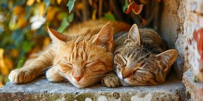 ai gerado dois conteúdo felinos, 1 cremoso e 1 cor de gengibre, dormindo pacificamente lado de lado em a ornamentado almofada foto