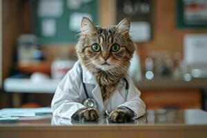 ai gerado fofa e sério felino vestindo uma médico branco casaco e estetoscópio sentado em a exame mesa dentro uma animal clínica exame quarto foto