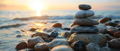 ai gerado contra a pano de fundo do uma sereno pôr do sol, harmonioso pilha do suave pedrinhas do meditação e atenção plena, uma símbolo do Saldo e harmonia com natureza foto