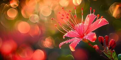 ai gerado uma carmesim hibisco, espumante com gotas, no meio sussurrando bokeh luzes este mímico a □ Gentil manhã Sol foto