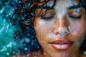 ai gerado fechar-se retrato do uma pessoa com água gotas em seus face, olhos fechadas dentro uma pacífico expressão foto