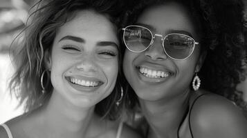 dois mulheres sorridente e abraçando cada de outros foto