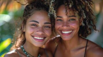 dois mulheres sorridente e abraçando cada de outros foto