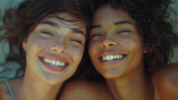 dois mulheres sorridente e abraçando cada de outros foto