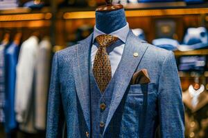 ai gerado elegante azul o negócio terno com uma Coincidindo gravata em uma exibição manequim dentro a exclusivo roupa masculina loja, seletivo foco com uma Sombrio atmosférico configuração foto