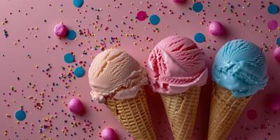 ai gerado uma variedade do colorida gelo creme cones com granulados estão alinhado em uma Rosa fundo com confete, evocando uma festivo humor foto