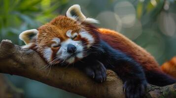 vermelho panda dormindo em árvore ramo foto