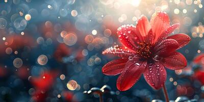 ai gerado brilhante vermelho flor com água gotas e uma espumante bokeh efeito dentro a fundo foto