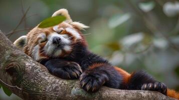 vermelho panda dormindo em uma árvore ramo foto