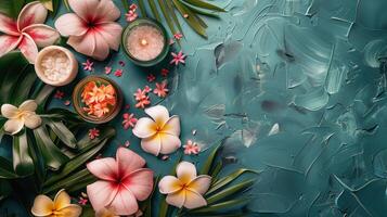 pintura do flores e velas em uma azul fundo foto
