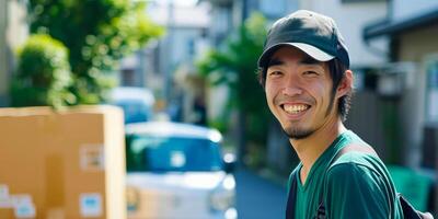 ai gerado sorridente jovem japonês homem, profissional comovente equipe técnica foto