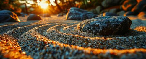 ai gerado nascer do sol zen jardim com pedras e areia padrões foto