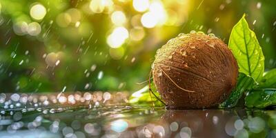 ai gerado pingos de chuva em coco com exuberante pano de fundo foto