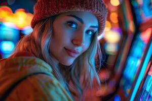 ai gerado vibrante néon luzes refletindo em uma jovem mulher face dentro a videogames foto