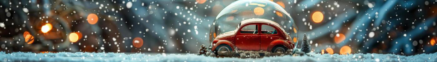 ai gerado invernal fada conto viagem vermelho vintage carro dentro neve globo com queda flocos de neve foto