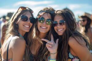 três jovem mulheres posando juntos às uma música festival foto