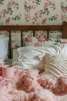 uma cama com uma Rosa cobertor e uma copo do café foto