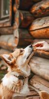 caloroso outono dia com uma corgi desfrutando uma tratar foto