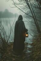 solitário andarilho com lanterna em uma enevoado beira do lago caminho foto