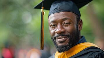 homem dentro graduação boné e vestido em pé orgulhoso foto