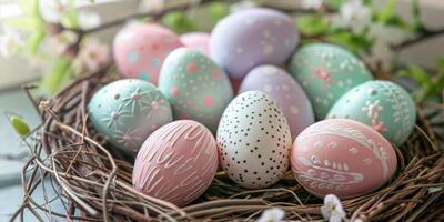 primavera elegância pintado à mão Páscoa ovos dentro pastel ninho foto